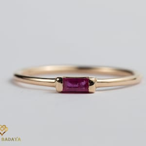 Gold Ruby Baguette Ring, July Birthstone, Minimalist Stacking Ring
