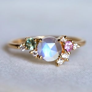 Rainbow Moonstone Diamond Cluster Ring | June Birthstone Engagement Jewelry