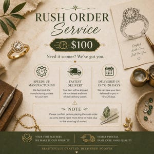 The image is an advertisement for a jewelry service that offers a rush order service for $100. It features various jewelry items such as rings, a necklace, and a bracelet, along with text and icons indicating the service's features and benefits.