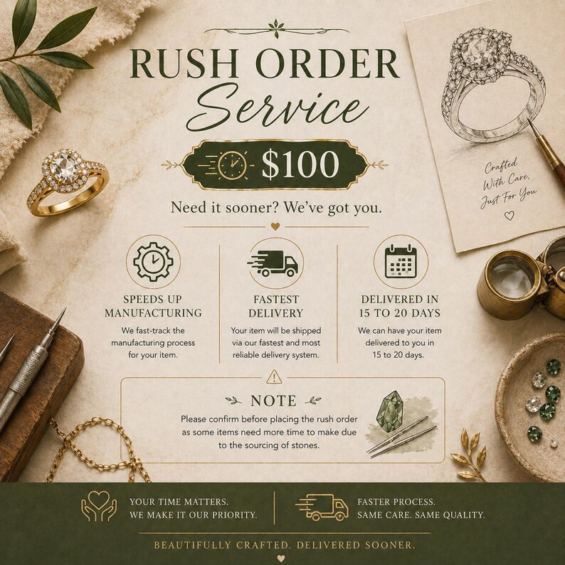 The image is an advertisement for a jewelry service that offers a rush order service for $100. It features various jewelry items such as rings, a necklace, and a bracelet, along with text and icons indicating the service's features and benefits.