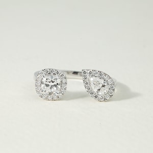 Stunning 1 CT Lab Diamond Engagement Ring for Women - Toi Et Moi Design with E VS Pear Cushion Cut and Adjustable Halo!