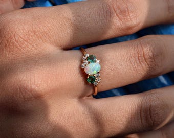 Opal Emerald Diamond Cluster Engagement Ring, Solid Gold