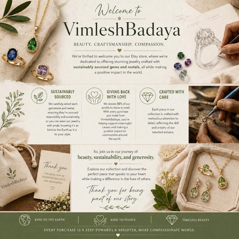 The image is a visually appealing advertisement for a jewelry store called "VimleshBadaya", which emphasizes its commitment to sustainability, craftsmanship, and giving back to the community.