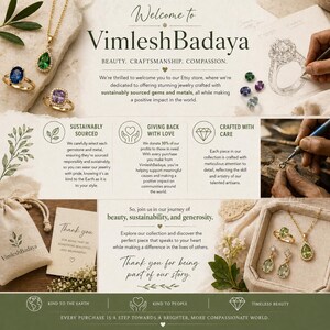 The image is a visually appealing advertisement for a jewelry store called "VimleshBadaya", which emphasizes its commitment to sustainability, craftsmanship, and giving back to the community.