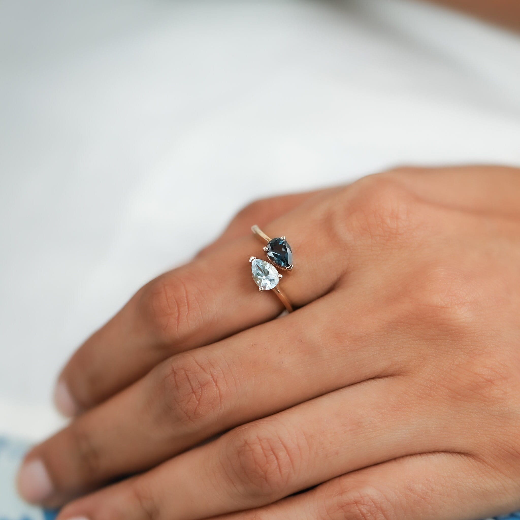 Aquamarine Topaz Engagement Ring, Pear Cut Adjustable Solid Gold Ring, Proposal Anniversary Gift, December & March Birthstone Ring