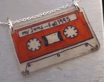 Cassette tape art necklace pendant optional chain shrink plastic