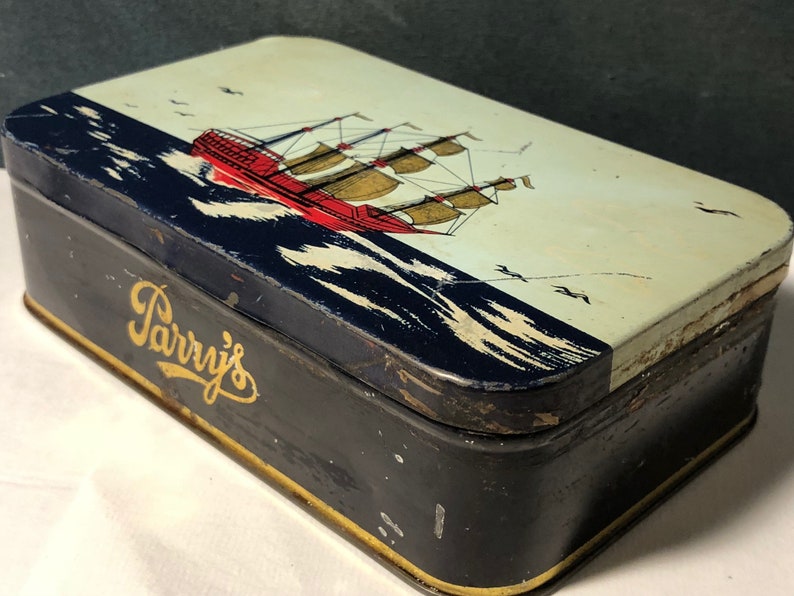 Vintage Parry/'s Sweets Litho Tin Box with Sail Ship Boat India Very Rare