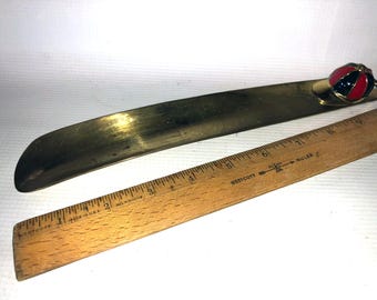 Vintage Brass Enamel Jockey Cap Shoe Horn - Horse Racing Souvenir