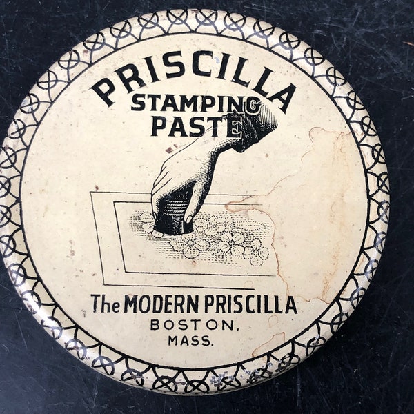 Vintage The Modern Priscilla Stamping Paste Lithographed Tin Boston - 1900's