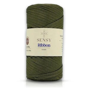 May include: A spool of olive green ribbon yarn labelled "Sensy Ribbon 4 mm".