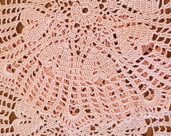 Coral Pink Hearts Mats - A Pair - 21/23cm across - hand crocheted in 100% cotton - with central hearts design