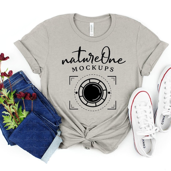 Bella Canvas 3001 Heather Stone Mockup / Unisex T-Shirt Flowers Lifestyle Mock Up / Spring Mockup / Flat Lay Shirt Styled Mockup