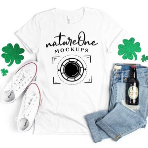 3001 White St Patricks Day Bella Canvas Mockup, Unisex White T-Shirt Mockup Flat Lay Tee Shirt Styled Irish Mockup