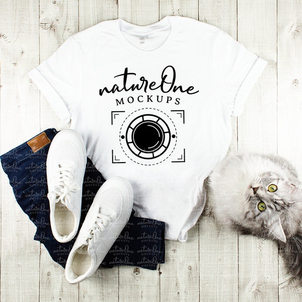 Bella Canvas 3001 White Mockup, Unisex T-Shirt Cat / Kitten Themed Shirt Mock Up, Flat Lay Men Women Lifestyle Shirt Mockup