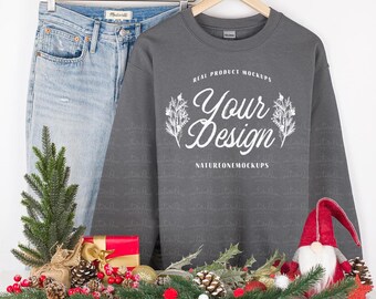 Gildan 18000 Charcoal Mockup Charcoal Sweatshirt Mockup G180 Unisex Crewneck Sweatshirt Hanging Hanger Mock Up Festive Christmas Holiday