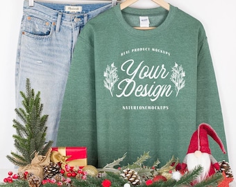 Gildan 18000 Heather  Dark Green Mockup Sweatshirt G180 Unisex Crewneck Sweatshirt Hanging Hanger Mock Up Festive Christmas Holiday