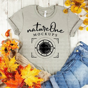 Fall Bella Canvas 3001 Heather Stone Mockup / Unisex T-Shirt Fall Lifestyle Mock Up / Flat Lay Shirt Styled Mockup / Wood Background