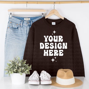 Gildan 18000 Dark Chocolate Mockup Sweatshirt Mockup G180 Unisex Crewneck Sweatshirt Mockup Hanging Hanger Mock Up Simple Neutral Minimalist