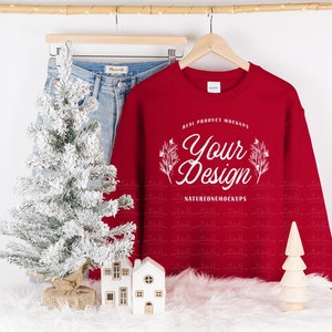 Gildan 18000 Cherry Red Mockup Red Sweatshirt Mockup G180 Crewneck Sweater Mockup Hanging Hanger Mock Up Winter Christmas Holiday Aesthetic