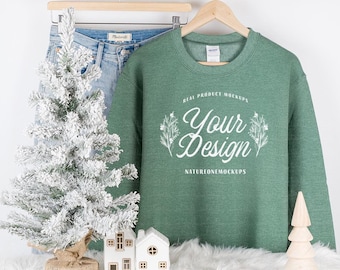 Gildan 18000 Heather Dark Green Mockup Sweatshirt Mockup G180 Crewneck Sweater Mockup Hanging Hanger Mock Up Winter Christmas Holiday