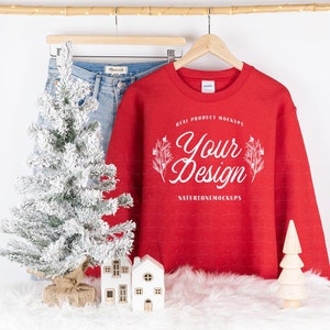 Gildan 18000 Red Mockup Red Sweatshirt Mockup G180 Crewneck Sweater Mockup Hanging Hanger Mock Up Winter Christmas Holiday Aesthetic