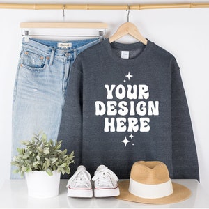 Gildan 18000 Dark Heather Mockup Sweatshirt Mockup G180 Unisex Crewneck Sweatshirt Mockup Hanging Hanger Mock Up Simple Neutral Minimalist