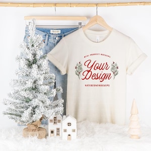 Bella Canvas 3001 Natural Tshirt Mockup BC 3001 Natural T-Shirt Mockup Hanging Hanger Mock Up Cozy Winter Christmas Holiday Aesthetic