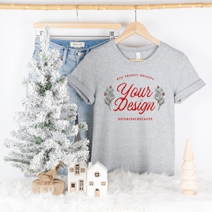 Bella Canvas 3001 Athletic Heather Tshirt Mockup BC 3001 Grey T-Shirt Mockup Hanging Hanger Mock Up Cozy Winter Christmas Holiday Aesthetic