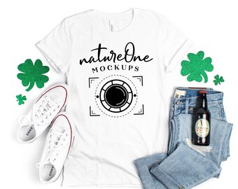 3001 White St Patricks Day Bella Canvas Mockup, Unisex White T-Shirt Mockup Flat Lay Tee Shirt Styled Irish Mockup