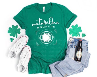 St. Patrick's Day 3001 Kelly Bella Canvas Mockup, Lifestyle Shirt Mockup, Unisex Green T-Shirt Mock Up Flat Lay, Styled Mockup