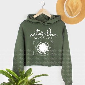 Bella Canvas 7502 Military Green Mockup, Women&#39;s Cropped Fleece Hoodie Mock Up Hanging Hoodie on Hanger Mockup Crop Hoodie Sweatshirt Mockup