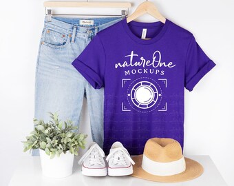 Bella Canvas 3001 Mockup, 3001 Team Purple Mockup, Team Purple T-Shirt Mockup, Hanging Shirt Lifestyle Mockup Hanger Mock Up