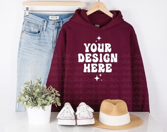 Gildan 18500 Maroon Mockup Maroon Hoodie Mockup G185 Hooded Sweatshirt Mockup Hanging Hanger Mock Up Simple Neutral Minimalist