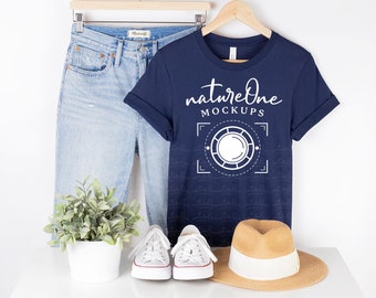 Bella Canvas 3001 Mockup, 3001 Navy Mockup, Navy T-Shirt Mockup, Hanging Shirt Lifestyle Mockup Hanger Mock Up