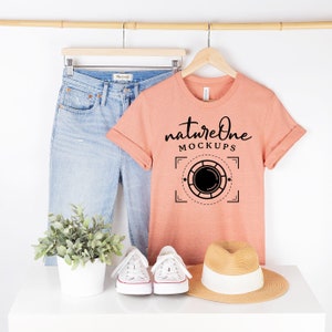 Bella Canvas 3001 Mockup, 3001 Heather Prism Sunset Mockup Heather Prism Sunset T-Shirt Mockup Hanging Shirt Lifestyle Mockup Hanger Mock Up