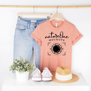 Bella Canvas 3001 Mockup, 3001 Heather Sunset Mockup, Heather Sunset T-Shirt Mockup, Hanging Shirt Lifestyle Mockup Hanger Mock Up