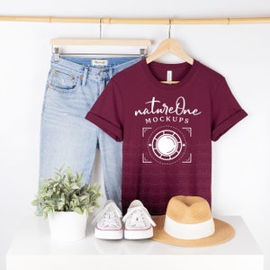 Bella Canvas 3001 Mockup, 3001 Maroon Mockup, Maroon T-Shirt Mockup, Hanging Shirt Lifestyle Mockup Hanger Mock Up