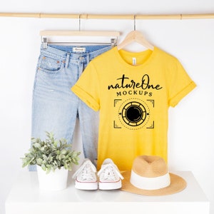 Bella Canvas 3001 Mockup, 3001 Heather Yellow Gold Mockup, Heather Yellow Gold T-Shirt Mockup, Hanging Shirt Lifestyle Mockup Hanger Mock Up