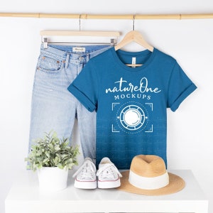 3001 Deep Teal Bella Canvas 3001 Mockup, Bella Canvas Deep Teal T-Shirt Mockup, Hanging Shirt Lifestyle Mockup Hanger Mock Up