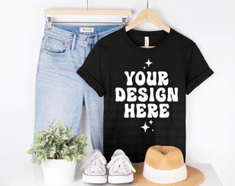 Bella Canvas 3001 Black Mockup 3001 Mockup Black T-Shirt Mockup Hanging Shirt Lifestyle Mockup Hanger Mock Up