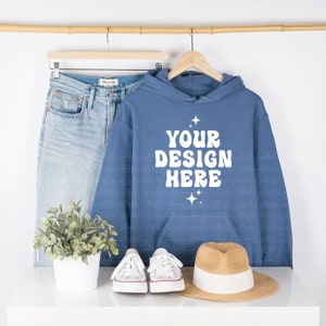 Gildan 18500 Indigo Mockup Indigo Hoodie Mockup Unisex G185 Hooded Sweatshirt Mockup Hanging Hanger Mock Up Simple Neutral Minimalist