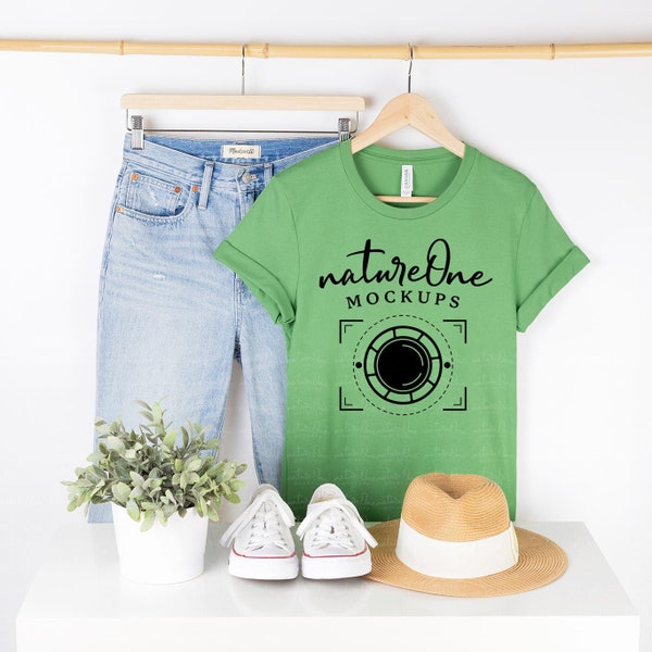 Bella Canvas 3001 Mockup, 3001 Leaf Mockup, Leaf Green T-Shirt Mockup, Hanging Shirt Lifestyle Mockup Hanger Mock Up