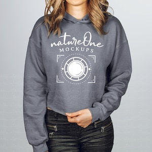 7502 Storm Bella Canvas Model Mockup, Women&#39;s Cropped Fleece Hoodie Mock Up, Hoodie Mockup, Crop Hoodie Sweatshirt Mockup