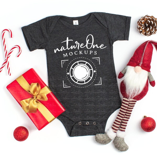 100B Dark Grey Heather Christmas Bella Canvas Toddler Baby Infant Dark Grey Bodysuit Mockup, Unisex Toddler Mock Up, X-Mas Kids Flat Lay