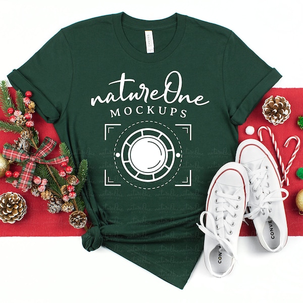 3001 Forest Christmas Mockup Bella Canvas Mockup, Unisex T-Shirt X-Mas Mockup Flat Lay Tee Shirt Christmas Styled Mockup