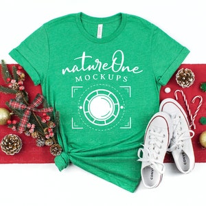 3001 Heather Kelly Christmas Mockup Bella Canvas Mockup, Unisex T-Shirt X-Mas Mockup Flat Lay Tee Shirt Christmas Styled Mockup