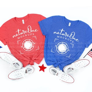 3001 Heather Red True Royal Bella Canvas 4th of July Mockup Couple Mockup Patriotic Styled Family Mock Up Two Shirts Flat Lay