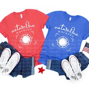 Bella Canvas 3001 Heather Red True Royal 4th of July Mockup Couple Mockup Patriotic Styled Family Mock Up Two Shirts Flat Lay