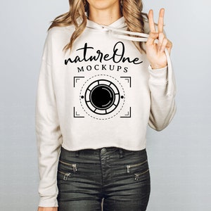 7502 Heather Dust Bella Canvas Model Mockup, Women&#39;s Cropped Fleece Hoodie Mock Up, Hoodie Mockup, Crop Hoodie Sweatshirt Mockup