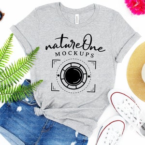 Bella Canvas 3001 Athletic Heather Grey Mockup Unisex T-Shirt Summer Holiday Lifestyle Mock Up Flat Lay Tee Shirt Styled
